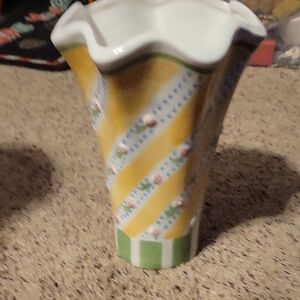 Vintage 90s Hand-Painted Yellow and Green Decorative Ceramic Vase